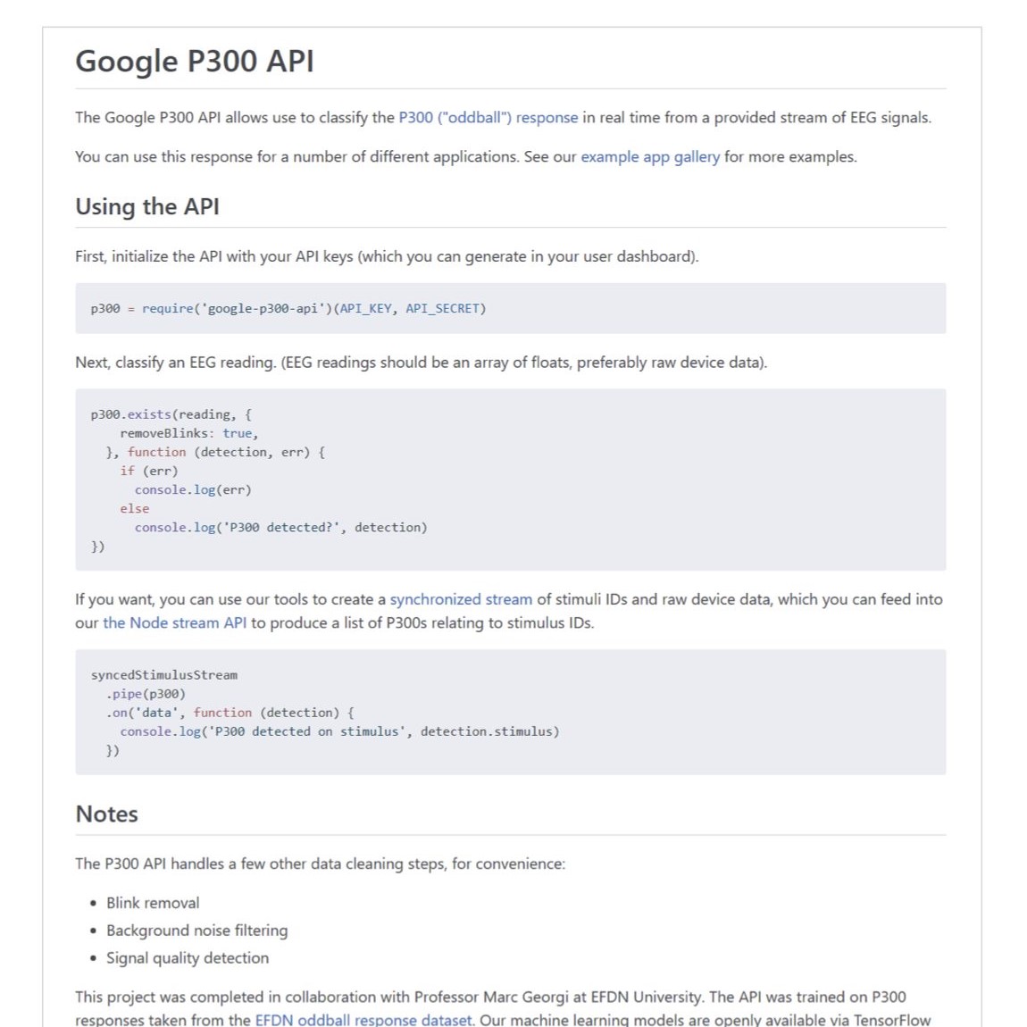 Design fiction 1: README documentation of an API for identifying P300 spikes in a stream of EEG signals