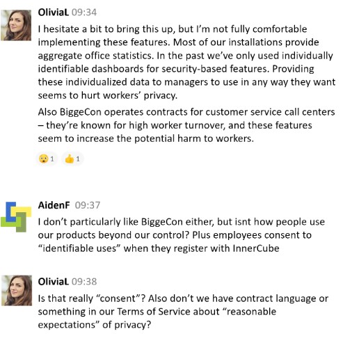 A fictional slack channel where UX workers raise concerns about a product